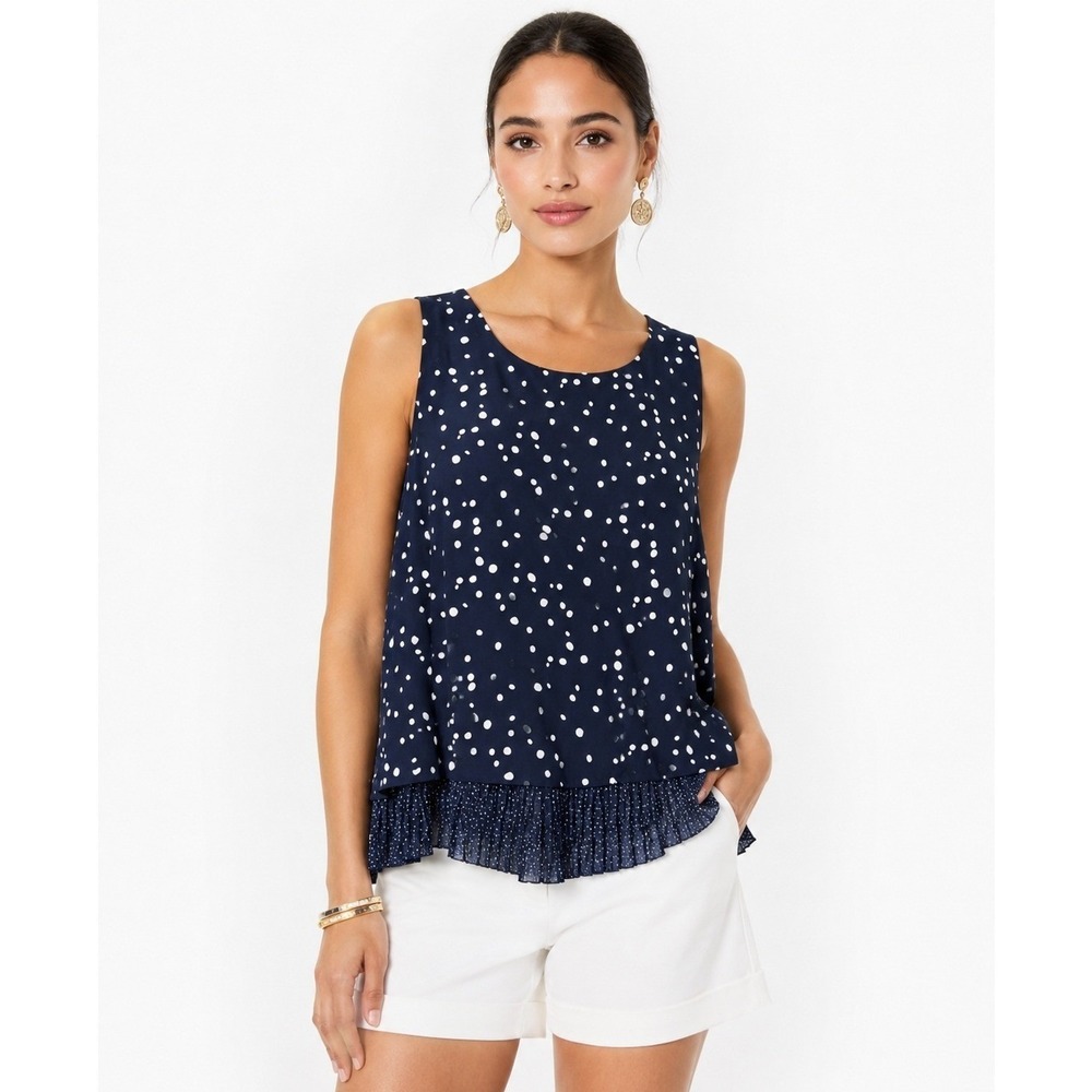 Les Serein Ully Tiered Tank Navy Blue Polka Dot Pleated Hem Top XXL NWT
